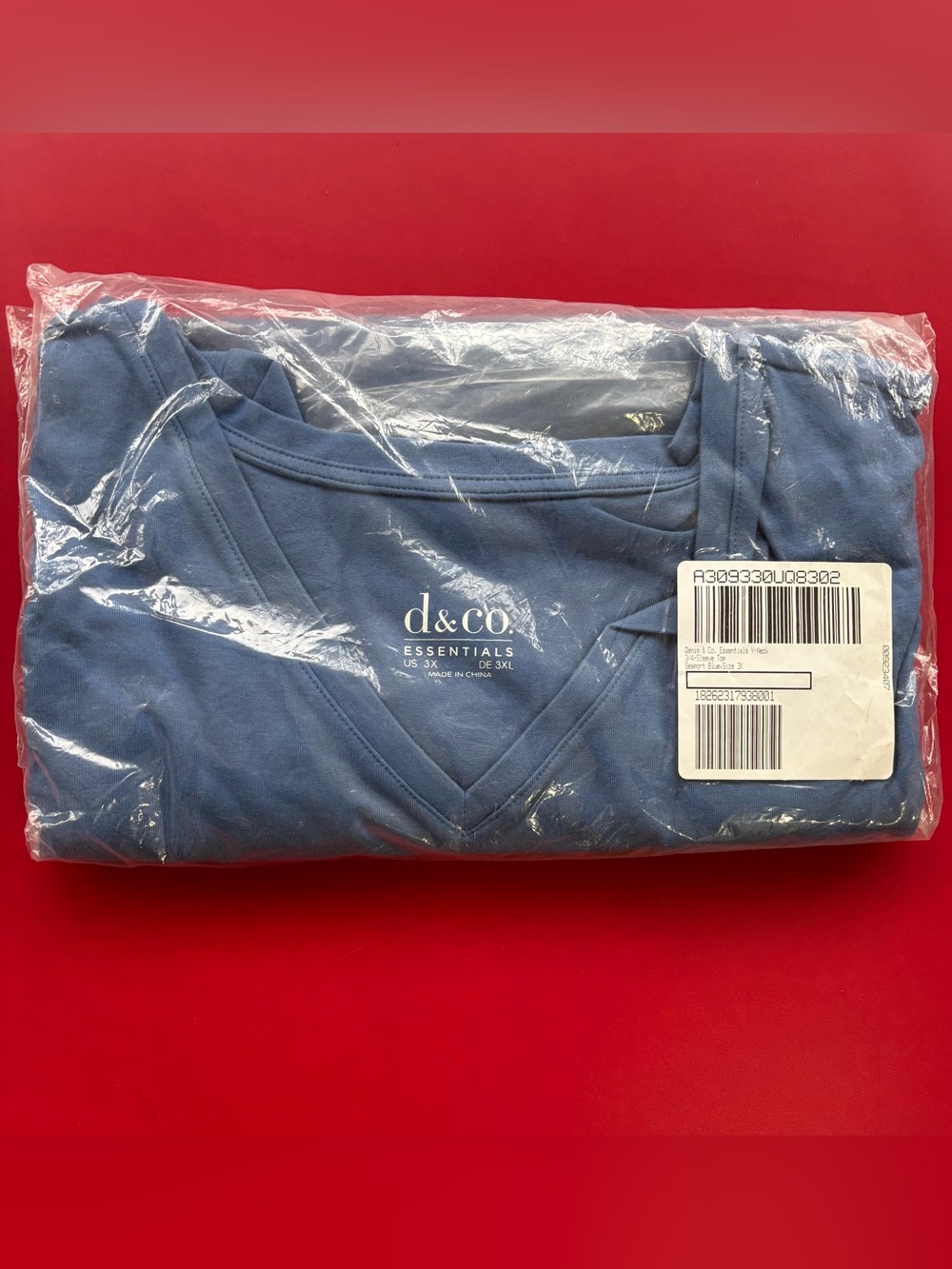 Denim & Co Essentials V Neck 3/4 Sleeve Top Women 3X Seaport Blue NEW Sealed